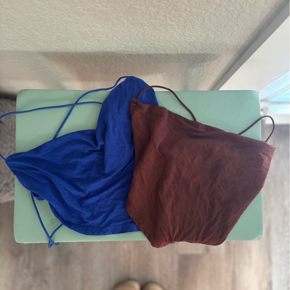 2 SHEIN Criss Cross Tied Backless Hanky Hem Cami Top Brown/Blue